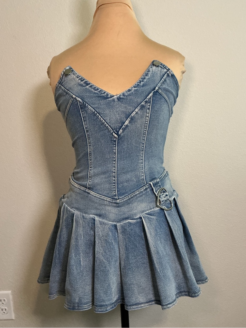 Denim Strapless Skater Dress - Blue